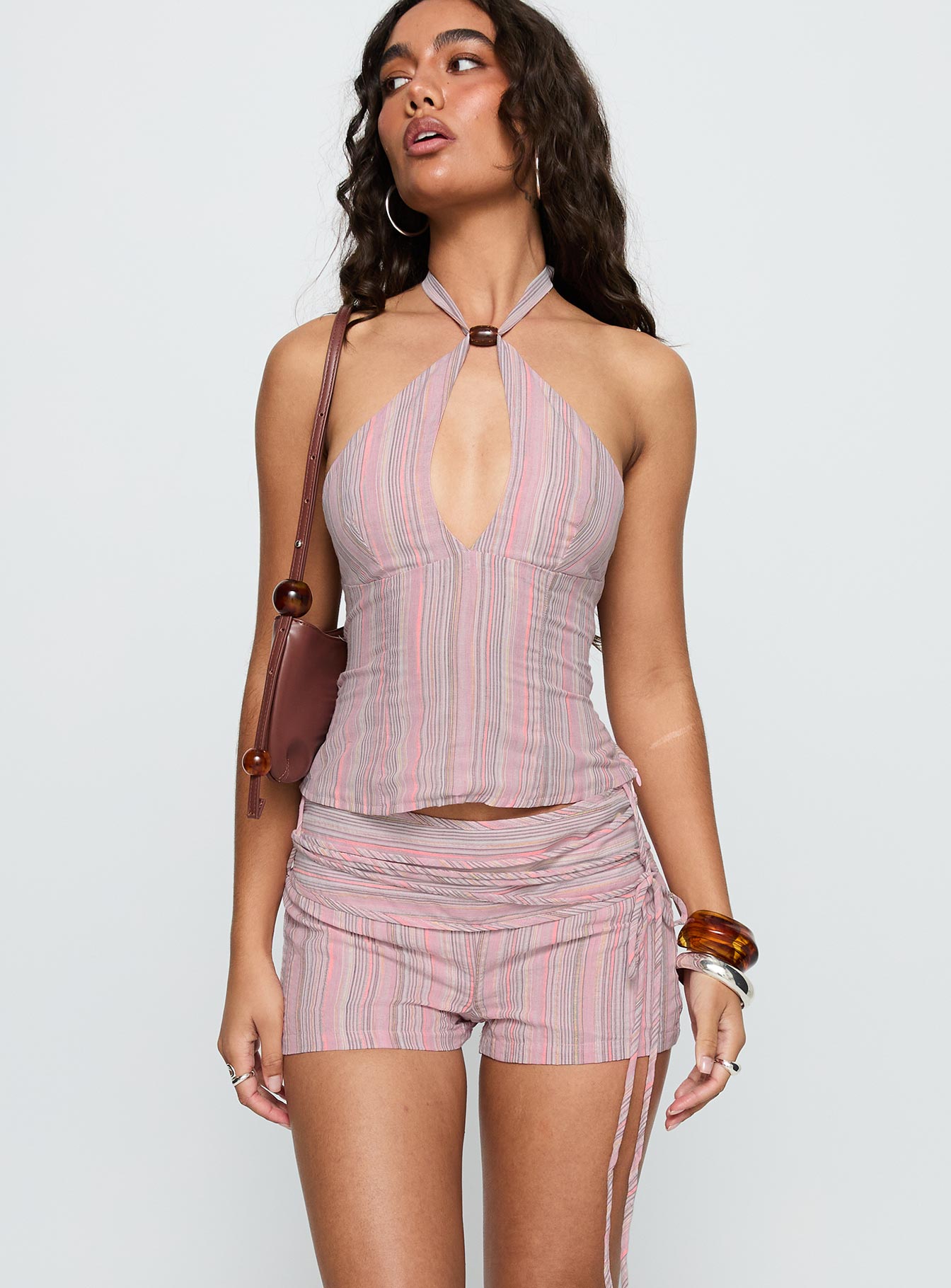 Electric Night | Linen Blend Pink Stripe Shorts with Tie Detail | Stylish Low-Rise Fit for Comfort 1