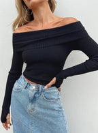 Morley Collection | Off Shoulder Black Sweater with Ribbed Design | Slim-Fit Crop for Effortless Style 0